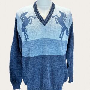 VINTAGE horse mustang knit sweater v neck space dyed cowboy western Sears‎ 80s